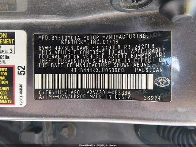 2018 Toyota Camry Xle მანქანა იყიდება აუქციონზე, vin: 4T1B11HKXJU063968, აუქციონის ნომერი: 46280365