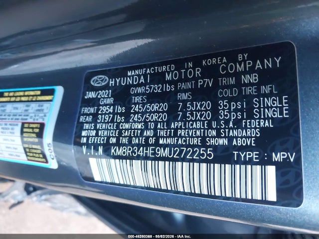 46280368 :رقم المزاد ، KM8R34HE9MU272255 vin ، 2021 Hyundai Palisade Sel مزاد بيع