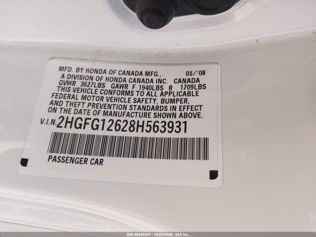 Aukcja sprzedaży 2008 Honda Civic Lx, vin: 2HGFG12628H563931, numer aukcji: 46280387
