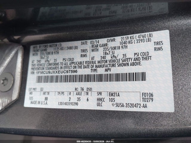 46280430 :رقم المزاد ، 1FMCU9JXXEUC97596 vin ، 2014 Ford Escape Titanium مزاد بيع