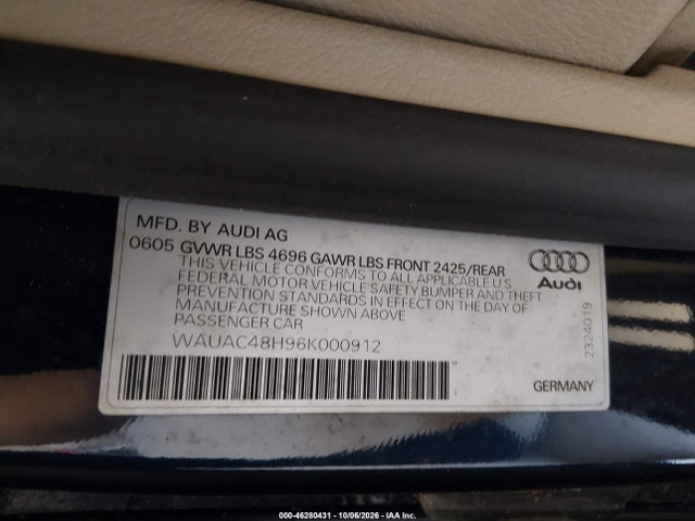 2006 Audi A4 1.8t მანქანა იყიდება აუქციონზე, vin: WAUAC48H96K000912, აუქციონის ნომერი: 46280431