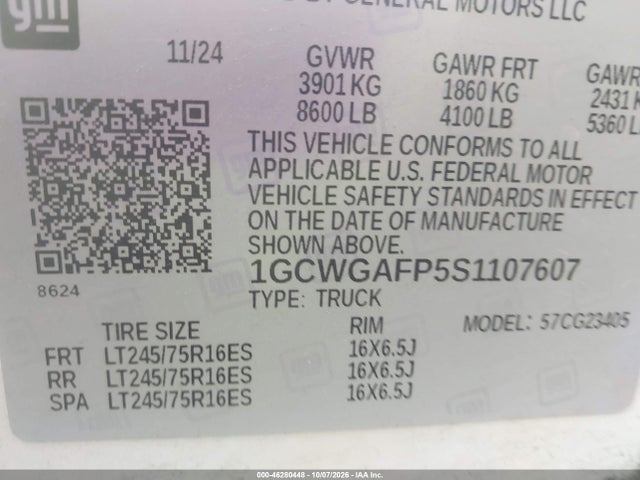 Aukcja sprzedaży 2025 Chevrolet Express Cargo Rwd 2500 Regular Wheelbase Wt, vin: 1GCWGAFP5S1107607, numer aukcji: 46280448