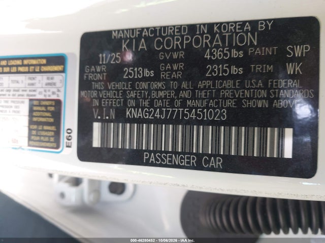 Продажа на аукционе авто 2026 Kia K5 Lxs Fwd, vin: KNAG24J77T5451023, номер лота: 46280452