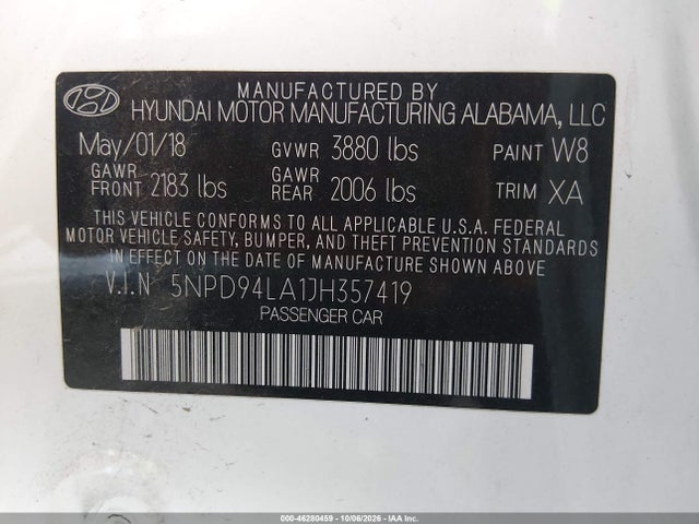46280459 :رقم المزاد ، 5NPD94LA1JH357419 vin ، 2018 Hyundai Elantra Eco مزاد بيع