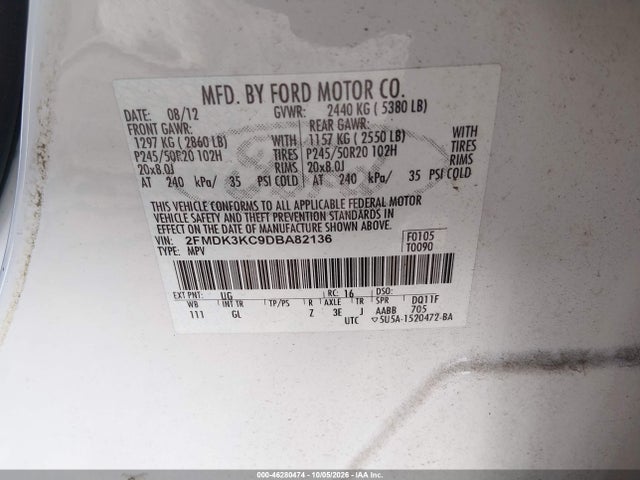 2013 Ford Edge Limited მანქანა იყიდება აუქციონზე, vin: 2FMDK3KC9DBA82136, აუქციონის ნომერი: 46280474