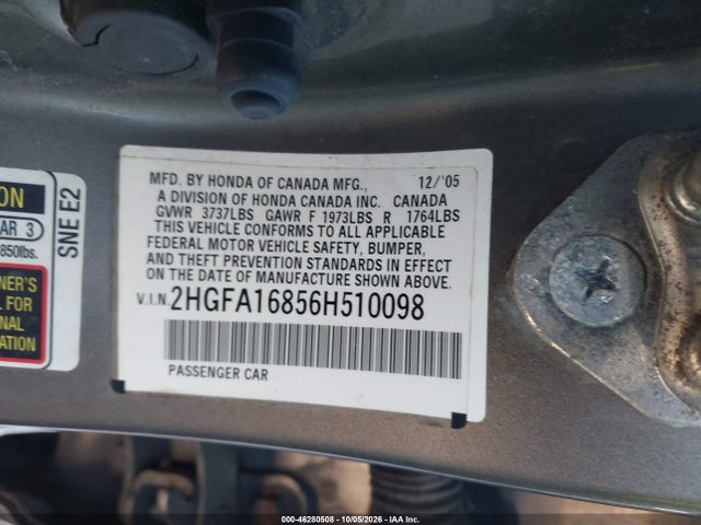 2006 Honda Civic Ex მანქანა იყიდება აუქციონზე, vin: 2HGFA16856H510098, აუქციონის ნომერი: 46280508