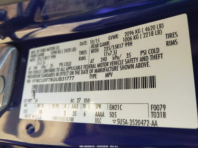 Продаж на аукціоні авто 2016 Ford Escape S, vin: 1FMCU0F78GUB31777, номер лоту: 46280519