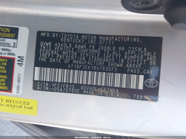 46280523 :رقم المزاد ، 4T1BF3EK1BU763073 vin ، 2011 Toyota Camry Le مزاد بيع