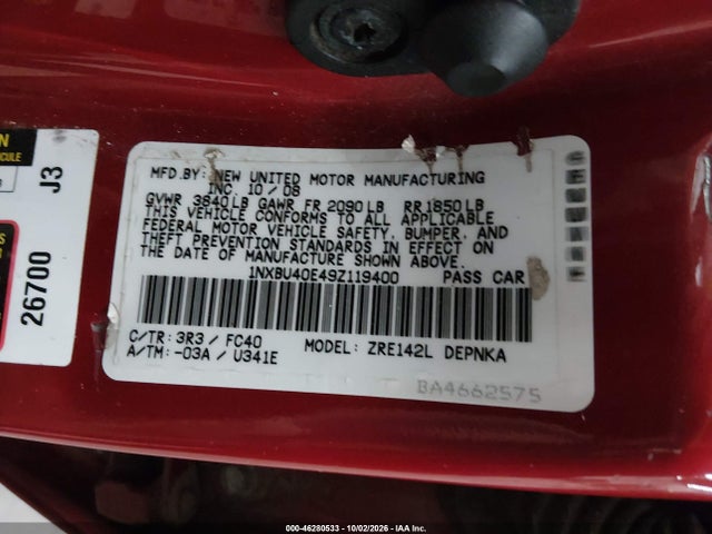 46280533 :رقم المزاد ، 1NXBU40E49Z119400 vin ، 2009 Toyota Corolla Xle مزاد بيع