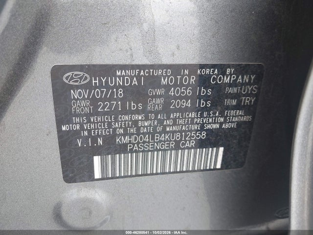 46280541 :رقم المزاد ، KMHD04LB4KU812558 vin ، 2019 Hyundai Elantra Sport مزاد بيع