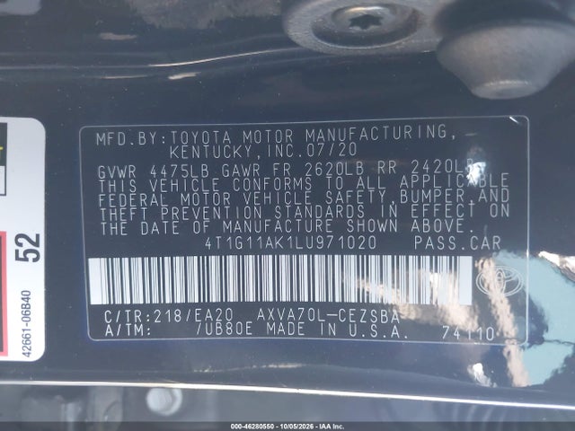 4T1G11AK1LU971020 Toyota CAMRY SE