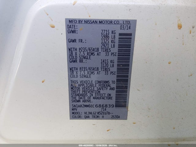 Aukcja sprzedaży 2014 Nissan Pathfinder Sl, vin: 5N1AR2MM6EC686839, numer aukcji: 46280563