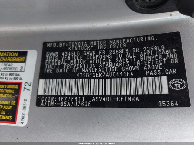 2010 Toyota Camry Le მანქანა იყიდება აუქციონზე, vin: 4T1BF3EK7AU041184, აუქციონის ნომერი: 46280569