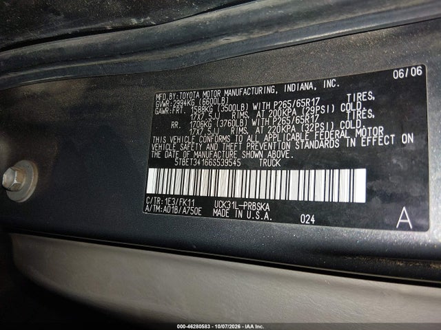 Продажа на аукционе авто 2006 Toyota Tundra Sr5 V8, vin: 5TBET34166S539545, номер лота: 46280583