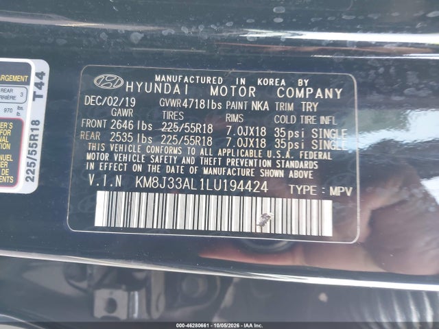 Aukcja sprzedaży 2020 Hyundai Tucson Sel, vin: KM8J33AL1LU194424, numer aukcji: 46280661