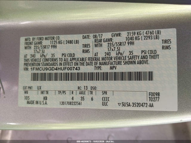 Продаж на аукціоні авто 2017 Ford Escape Se, vin: 1FMCU9GD4HUF00743, номер лоту: 46280673