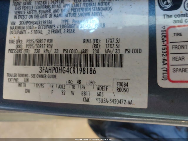 Продажа на аукционе авто 2012 Ford Fusion Se, vin: 3FAHP0HG4CR198186, номер лота: 46280682