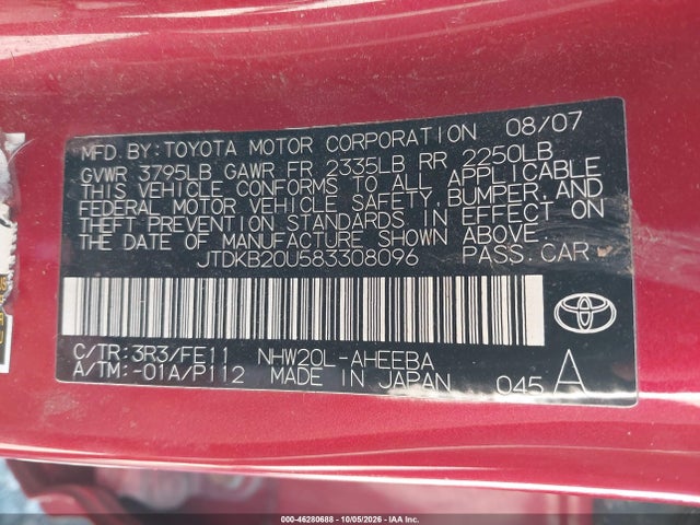 Продажа на аукционе авто 2008 Toyota Prius, vin: JTDKB20U583308096, номер лота: 46280688