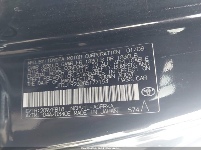 46280690 :رقم المزاد ، JTDJT923285177154 vin ، 2008 Toyota Yaris مزاد بيع