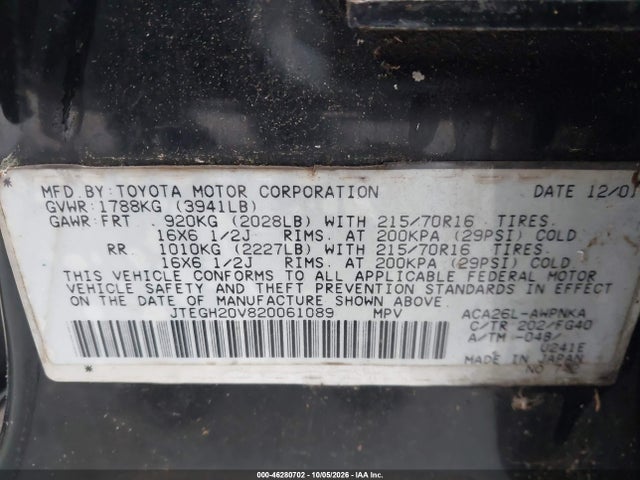 46280702 :رقم المزاد ، JTEGH20V820061089 vin ، 2002 Toyota Rav4 مزاد بيع