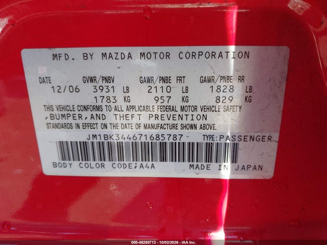 Aukcja sprzedaży 2007 Mazda Mazda3 S Grand Touring, vin: JM1BK344671685787, numer aukcji: 46280713