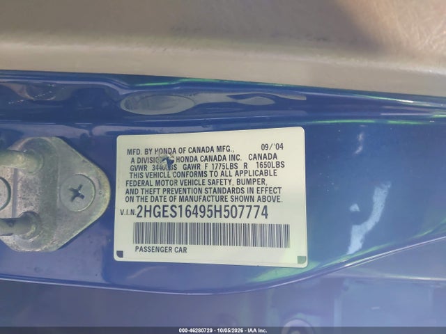 Продаж на аукціоні авто 2005 Honda Civic Vp, vin: 2HGES16495H507774, номер лоту: 46280729
