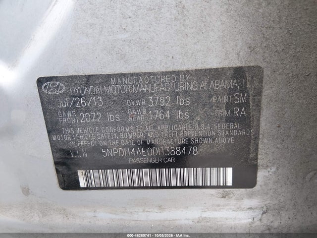 46280741 :رقم المزاد ، 5NPDH4AE0DH388478 vin ، 2013 Hyundai Elantra Gls مزاد بيع