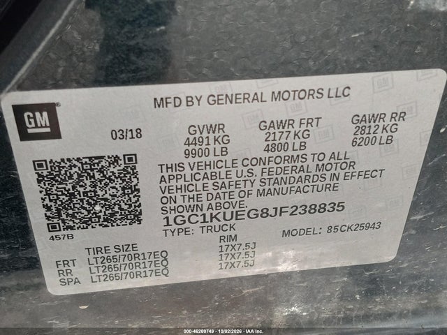 2018 Chevrolet Silverado 2500hd Wt მანქანა იყიდება აუქციონზე, vin: 1GC1KUEG8JF238835, აუქციონის ნომერი: 46280749