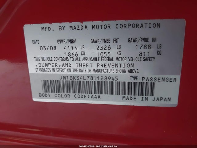 Продажа на аукционе авто 2008 Mazda Mazdaspeed3 Grand Touring, vin: JM1BK34L781128945, номер лота: 46280753