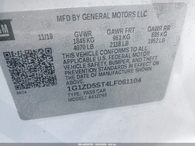 46280759 :رقم المزاد ، 1G1ZD5ST4LF061104 vin ، 2020 Chevrolet Malibu Fwd Lt مزاد بيع