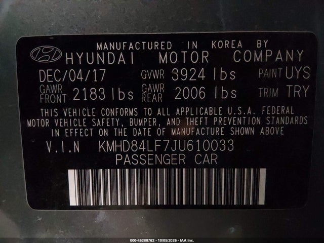 Продаж на аукціоні авто 2018 Hyundai Elantra Sel, vin: KMHD84LF7JU610033, номер лоту: 46280762