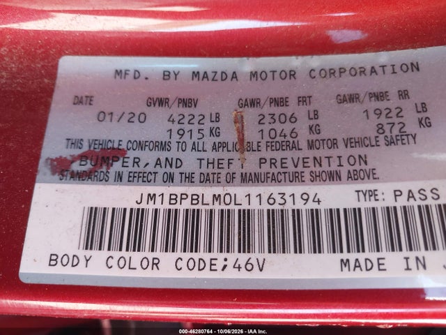 Продаж на аукціоні авто 2020 Mazda Mazda3, vin: JM1BPBLM0L1163194, номер лоту: 46280764