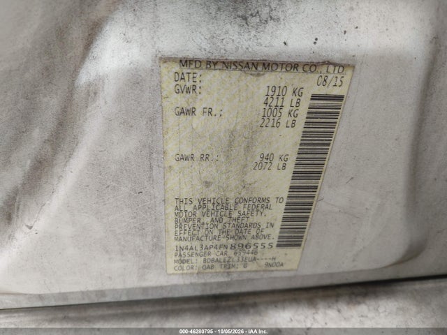 46280795 :رقم المزاد ، 1N4AL3AP4FN896555 vin ، 2015 Nissan Altima 2.5 S مزاد بيع