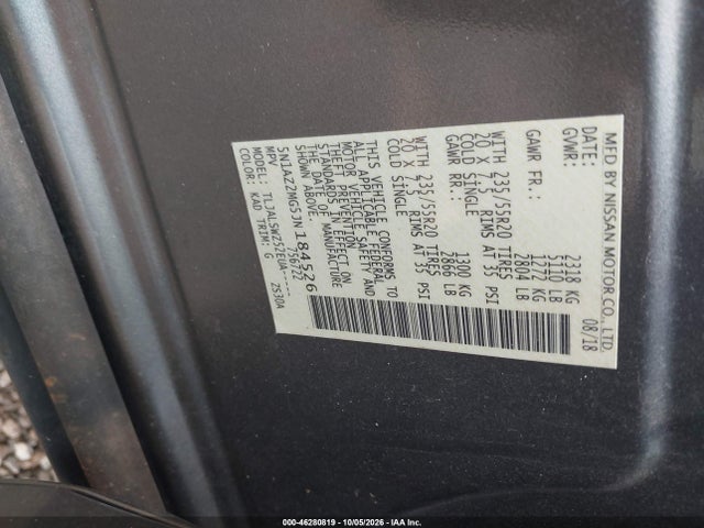 2018 Nissan Murano Platinum მანქანა იყიდება აუქციონზე, vin: 5N1AZ2MG5JN184526, აუქციონის ნომერი: 46280819