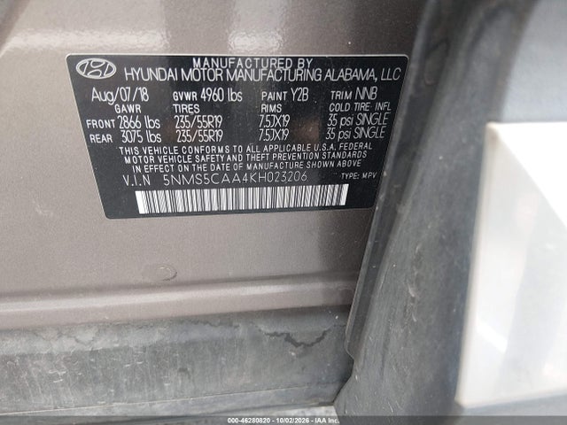 2019 Hyundai Santa Fe Ultimate 2.0t მანქანა იყიდება აუქციონზე, vin: 5NMS5CAA4KH023206, აუქციონის ნომერი: 46280820