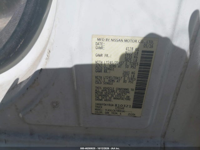 46280825 :رقم المزاد ، 1N6BF0KY8GN810321 vin ، 2016 Nissan Nv Cargo Nv2500 Hd S V6 مزاد بيع