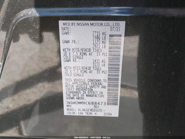 Продаж на аукціоні авто 2015 Nissan Pathfinder Sl, vin: 5N1AR2MM9FC688473, номер лоту: 46280833