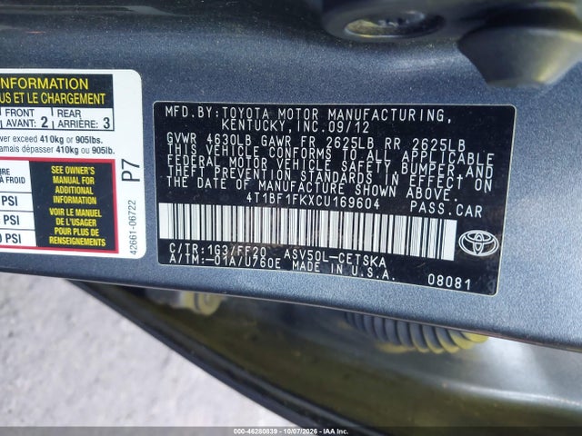46280839 :رقم المزاد ، 4T1BF1FKXCU169604 vin ، 2012 Toyota Camry Se مزاد بيع