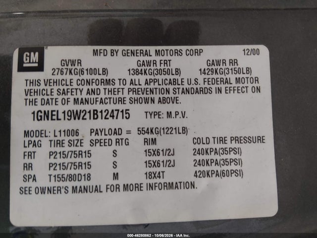 Продажа на аукционе авто 2001 Chevrolet Astro Ls, vin: 1GNEL19W21B124715, номер лота: 46280862