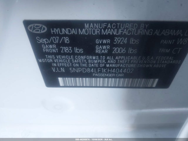 2019 Hyundai Elantra Sel მანქანა იყიდება აუქციონზე, vin: 5NPD84LF1KH404402, აუქციონის ნომერი: 46280876