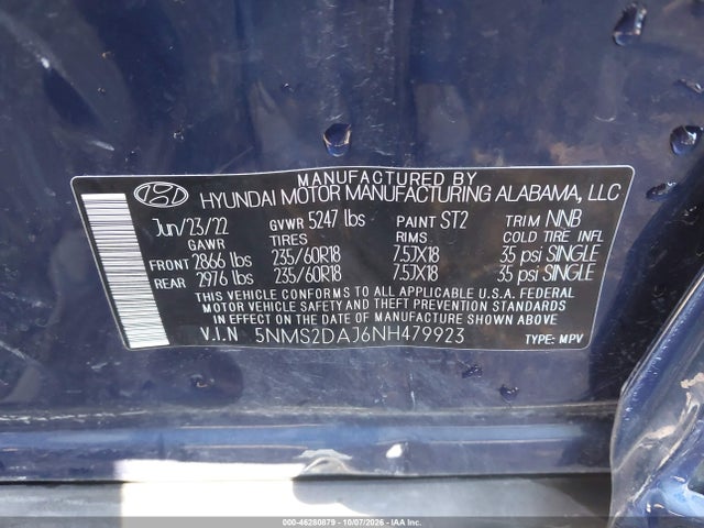 Продажа на аукционе авто 2022 Hyundai Santa Fe Sel, vin: 5NMS2DAJ6NH479923, номер лота: 46280879