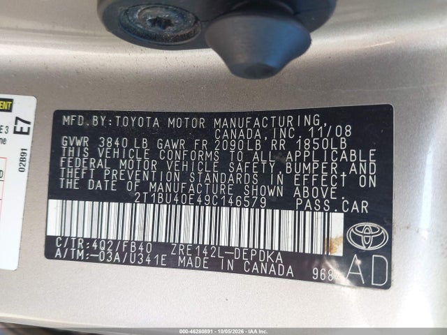 Продажа на аукционе авто 2009 Toyota Corolla Le, vin: 2T1BU40E49C146579, номер лота: 46280891