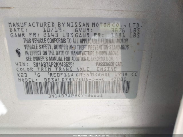 2019 Nissan Sentra Sv მანქანა იყიდება აუქციონზე, vin: 3N1AB7AP2KY436251, აუქციონის ნომერი: 46280896
