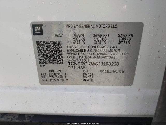 Aukcja sprzedaży 2018 Chevrolet Traverse 1lt, vin: 1GNERGKW6JJ108230, numer aukcji: 46280907