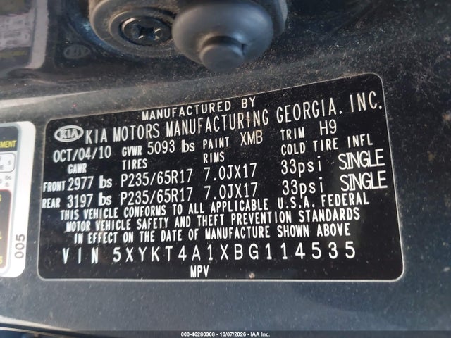 46280908 :رقم المزاد ، 5XYKT4A1XBG114535 vin ، 2011 Kia Sorento Lx مزاد بيع