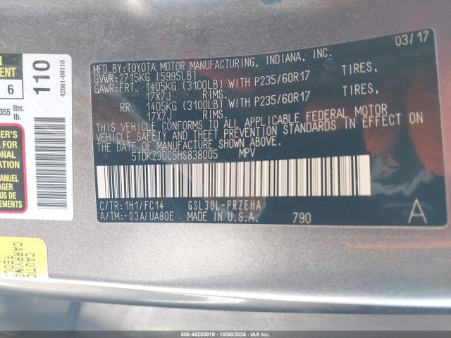 Aukcja sprzedaży 2017 Toyota Sienna Le 8 Passenger, vin: 5TDKZ3DC5HS838005, numer aukcji: 46280919