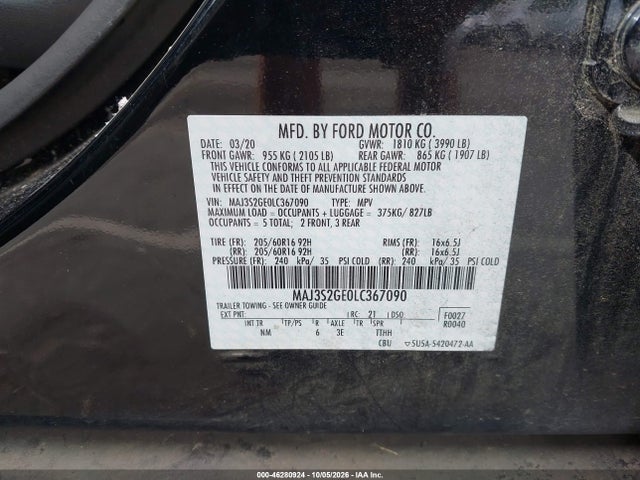 Продаж на аукціоні авто 2020 Ford Ecosport Se, vin: MAJ3S2GE0LC367090, номер лоту: 46280924