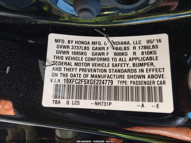 46280925 :رقم المزاد ، 19XFC2F5XGE224779 vin ، 2016 Honda Civic Lx مزاد بيع
