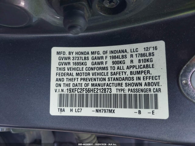 Aukcja sprzedaży 2017 Honda Civic Lx, vin: 19XFC2F56HE212873, numer aukcji: 46280931