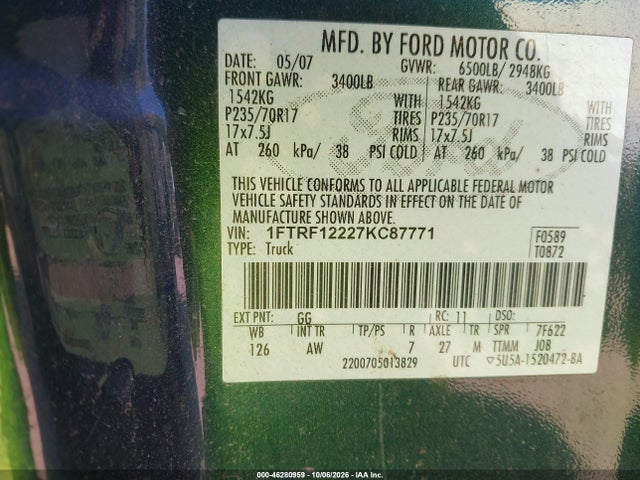 Продажа на аукционе авто 2007 Ford F-150 Stx/xl/xlt, vin: 1FTRF12227KC87771, номер лота: 46280959